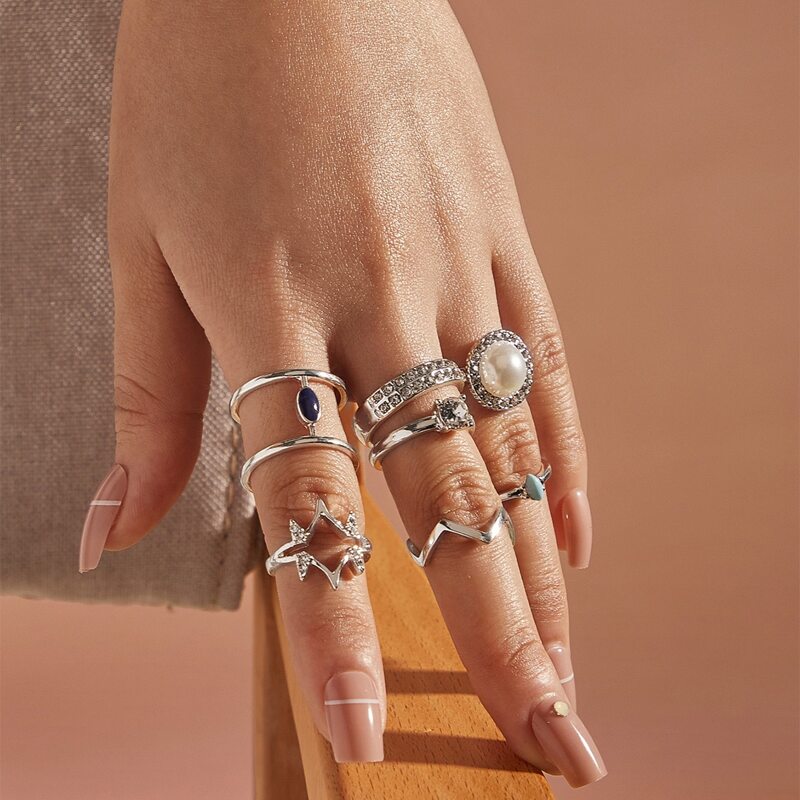 

7pcs Faux Pearl & Geometric Decor Ring, Silver