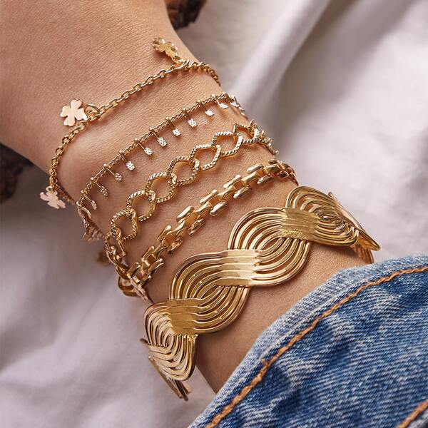 

5pcs Simple Chain Bracelet Set, Gold