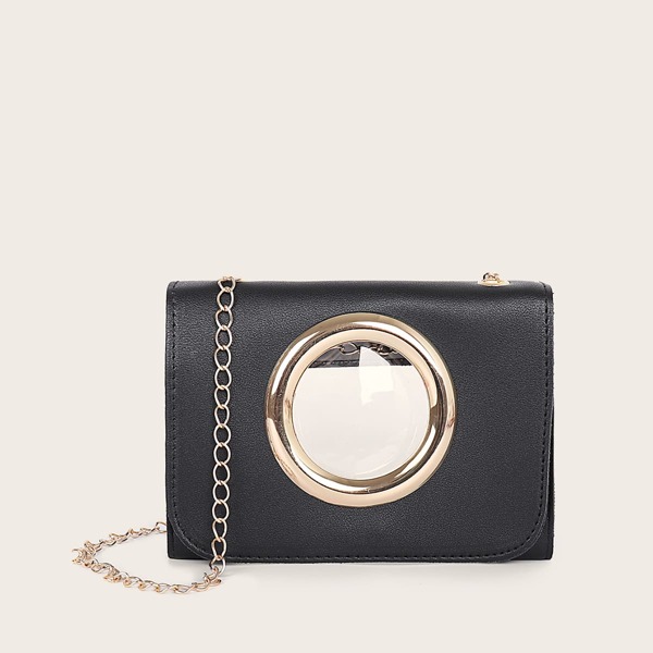 

Girls PVC Panel Flap Chain Bag, Black