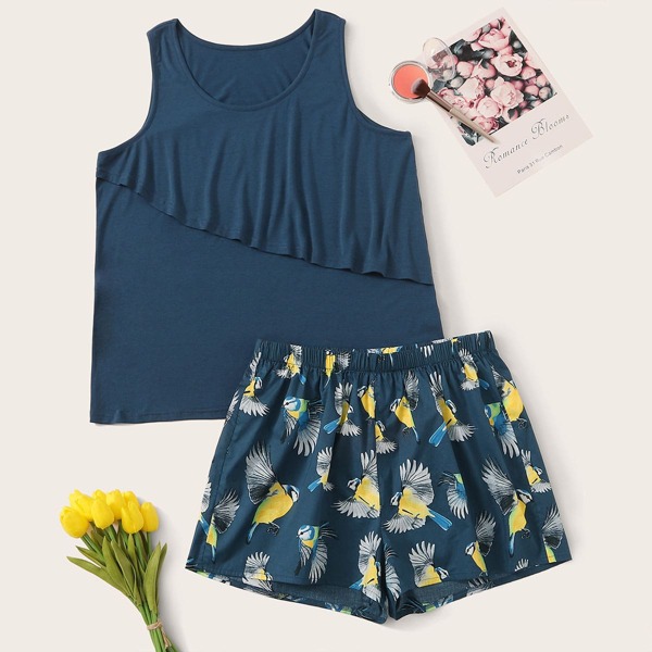 

Plus Tank Top & Bird Print Shorts PJ Set, Navy blue