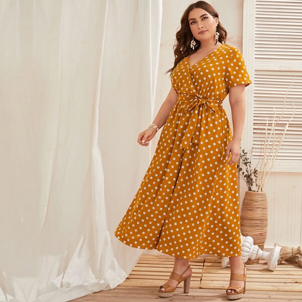 

Plus Polka Dot Belted A-line Dress, Yellow