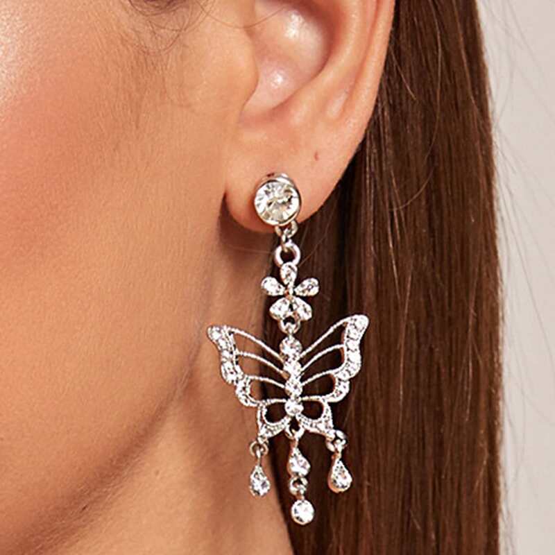 

1pair Rhinestone Engraved Butterfly Drop Earrings, Silver