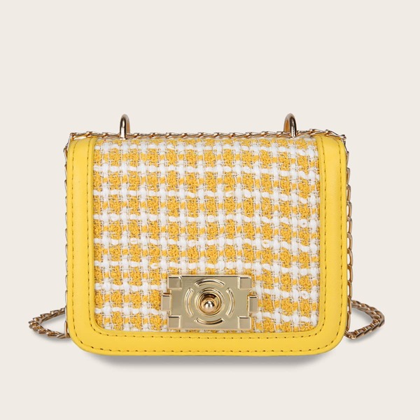 

Girls Mini Metal Lock Tweed Crossbody Bag, Yellow