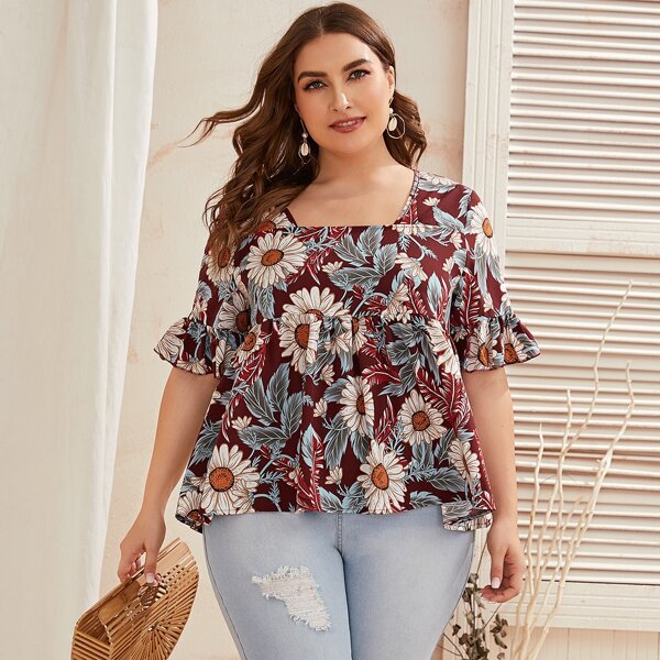 

Plus Floral Print Flounce Sleeve Blouse, Multicolor