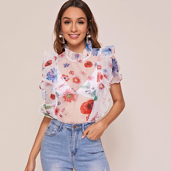

Ruffle Neck Sheer Organza Blouse, Multicolor
