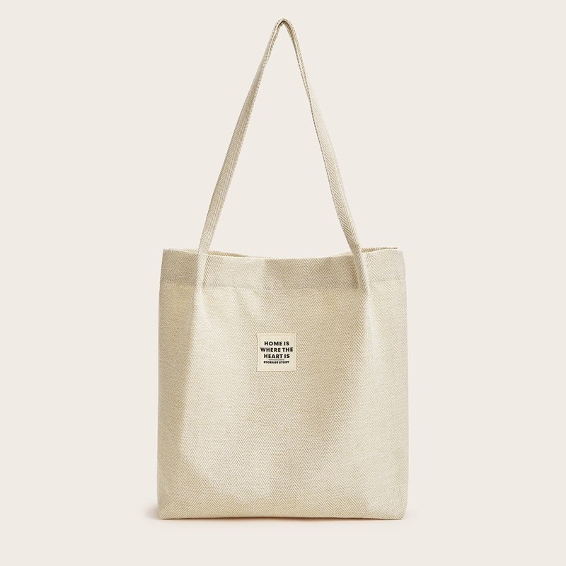 

Slogan Patch Decor Tote Bag, Beige