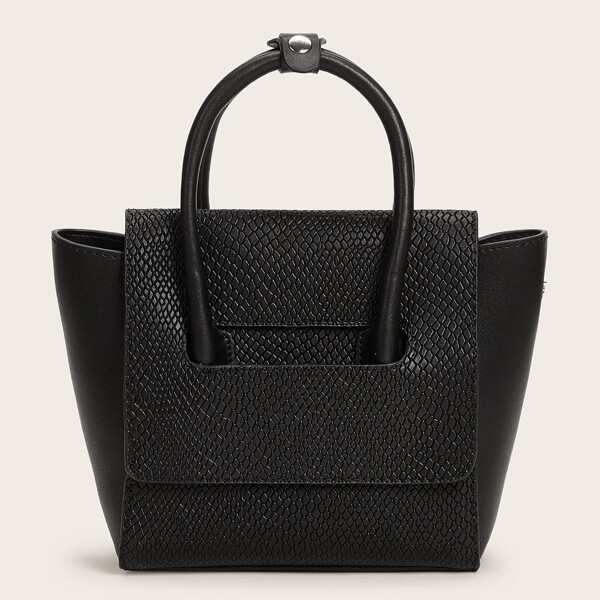 

Snakeskin Embossed Satchel Bag, Black