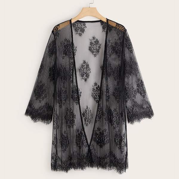 

Plus Sheer Lace Open Front Kimono, Black