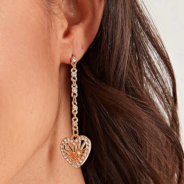 

1pair Rhinestone Engraved Chain & Heart Drop Earrings, Gold