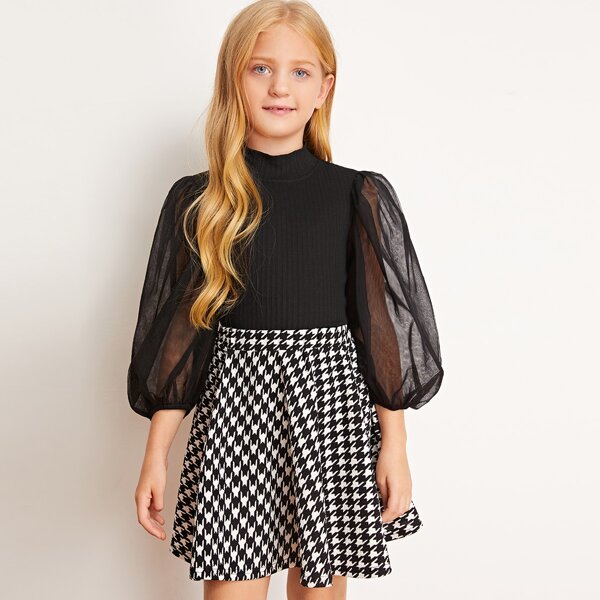 

Girls Mesh Lantern Sleeve Mock-neck Top, Black