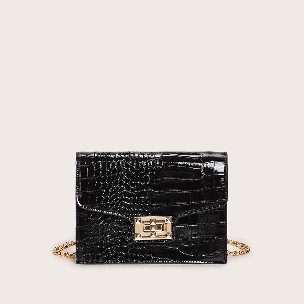 

Twist Lock Croc Embossed Crossbody Bag, Black