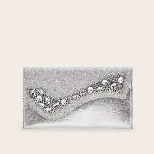 

Metallic Rhinestone Decor Clutch Bag, Silver