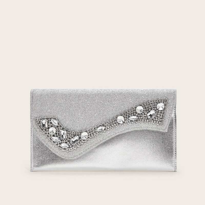 

Metallic Rhinestone Decor Clutch Bag, Silver