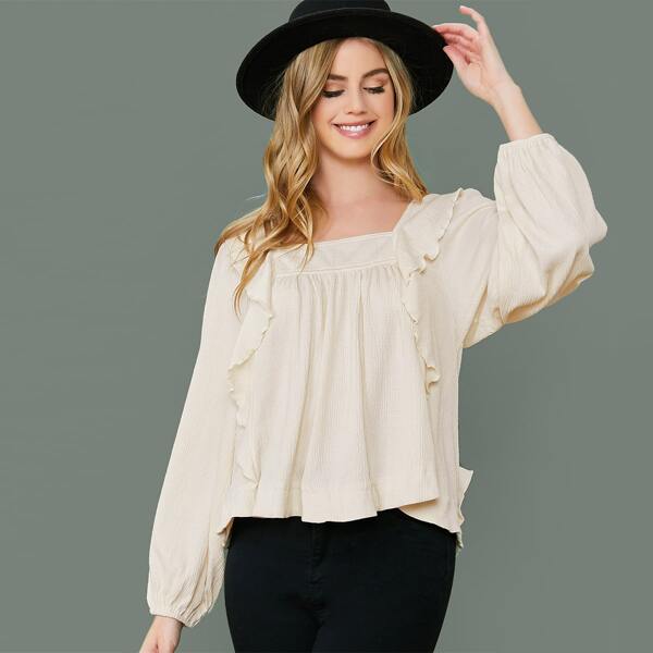 

Long Sleeve Ruffle Detail Square Neck Blouse, Beige