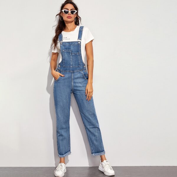 

Pocket Front Raw Hem Denim Overalls, Blue