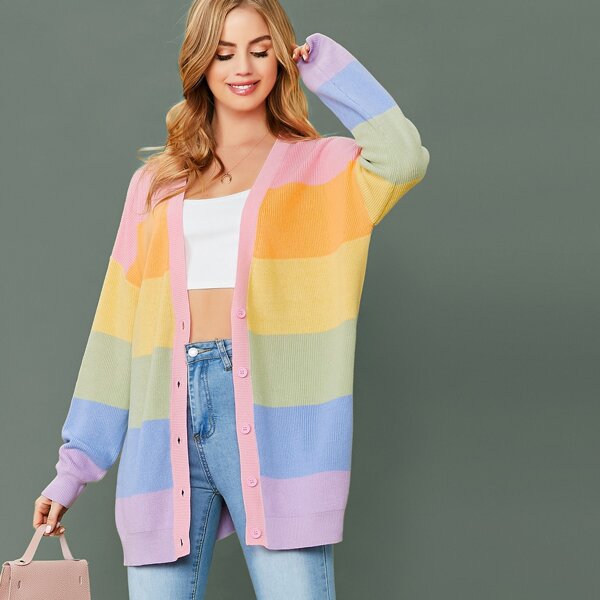 

V-Neck Button Front Rainbow Stripe Cardigan, Multicolor