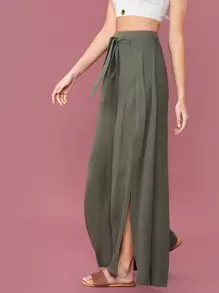 SHEIN 素色腰帶圍裹褲子 - 軍綠色 - 查看 3