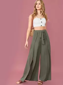 SHEIN 素色腰帶圍裹褲子 - 軍綠色 - 查看 5