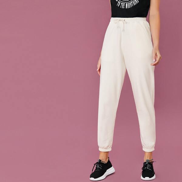 

Elastic Drawstring Waist Sweatpants, White