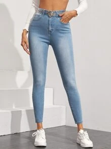 Stonewash Skinny Jeans Without Belt - Light Wash - View 3