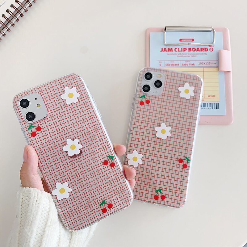

1pc Flower & Grid Pattern iPhone Case, Orange
