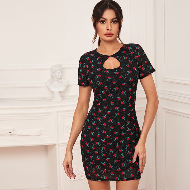 

Keyhole Neck Floral & Polka Dot Print Bodycon Dress, Black