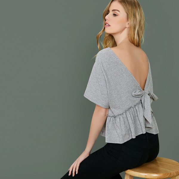 

Short Sleeve Back Tie Peplum Hem T-Shirt, Grey