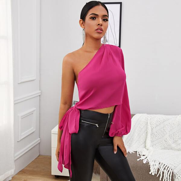 

One Shoulder Lantern Sleeve Knot Side Blouse, Hot pink bright