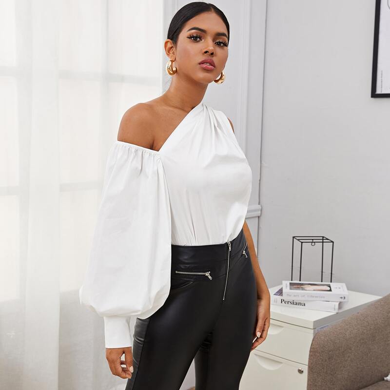 

Asymmetrical Neck Lantern Sleeve Top, White