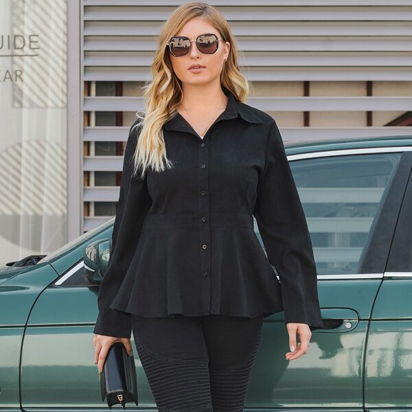 

Plus Solid Button Up Peplum Blouse, Black