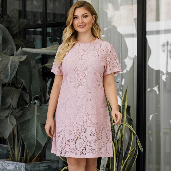 

Plus Guipure Lace Zipper Back Tunic Dress, Pink
