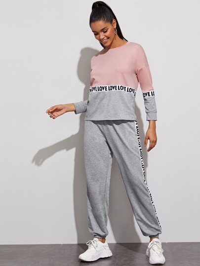 Color-block Letter Tape Sweatshirt & Sweatpants