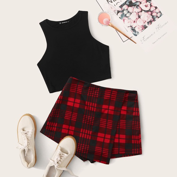 

Solid Tank Top & Plaid Skort Set, Multicolor