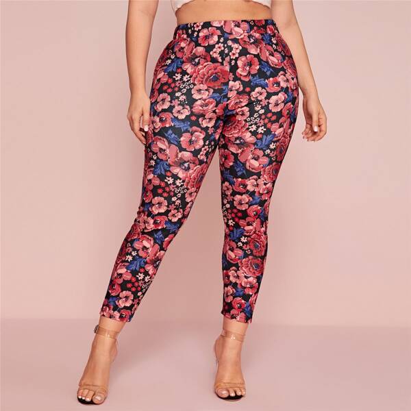 

Plus Elastic Waist Floral Print Leggings, Multicolor