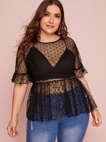 SHEIN Privé Plus Dot Mesh Sheer Peplum Top Without Bra