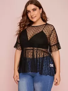 SHEIN Privé Plus Dot Mesh Sheer Peplum Top Without Bra