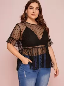 SHEIN Privé Plus Dot Mesh Sheer Peplum Top Without Bra