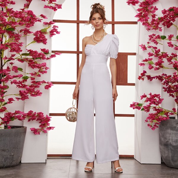 

One Shoulder Puff Sleeve Palazzo Jumpsuit, White