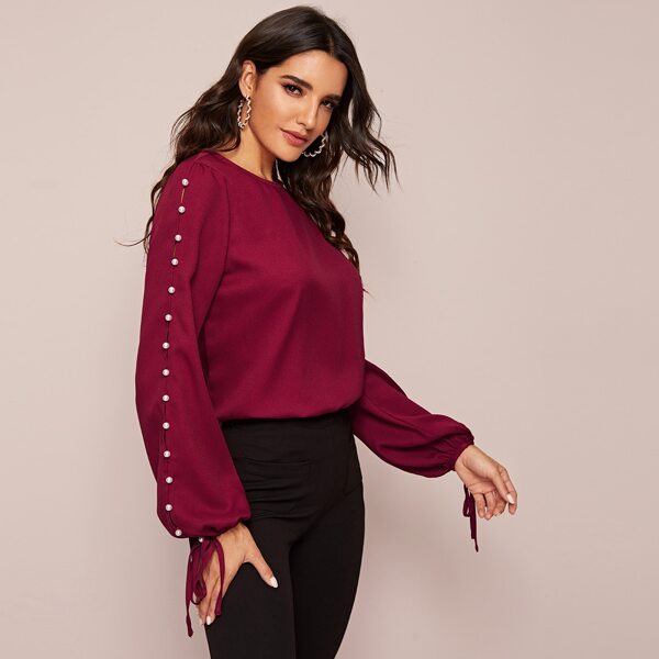 

Pearl Beaded Sleeve Knot Cuff Top, Burgundy