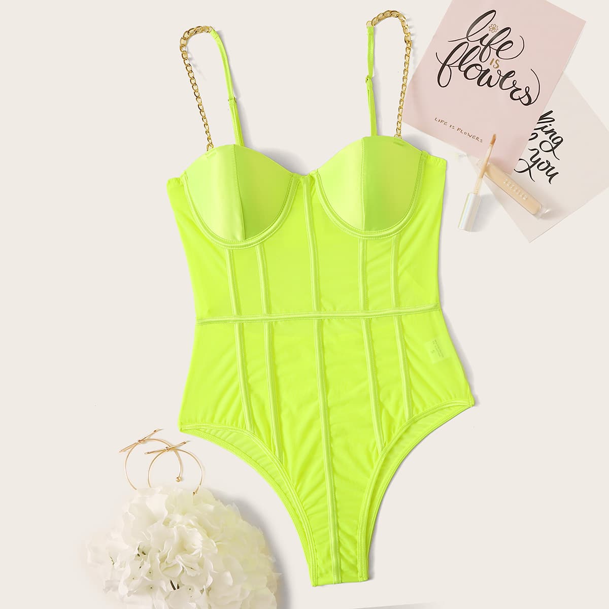 

Neon Green Chain Strap Teddy Bodysuit, Bright lime green