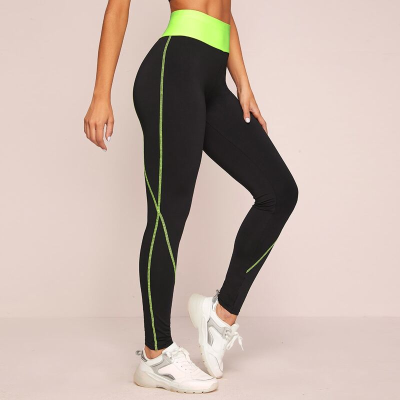 

Neon Wide Waistband Contrast Stitch Leggings, Black