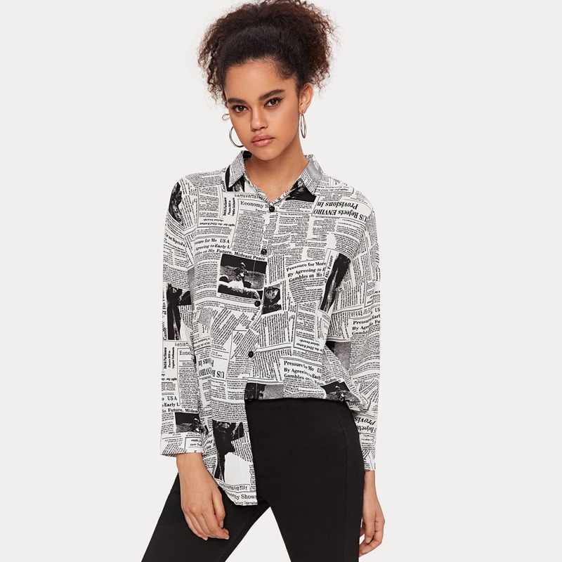 

Newspaper Print Button Up Blouse, Black and white