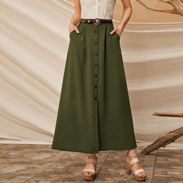 

Slant Pocket Button Front A-line Skirt, Army green