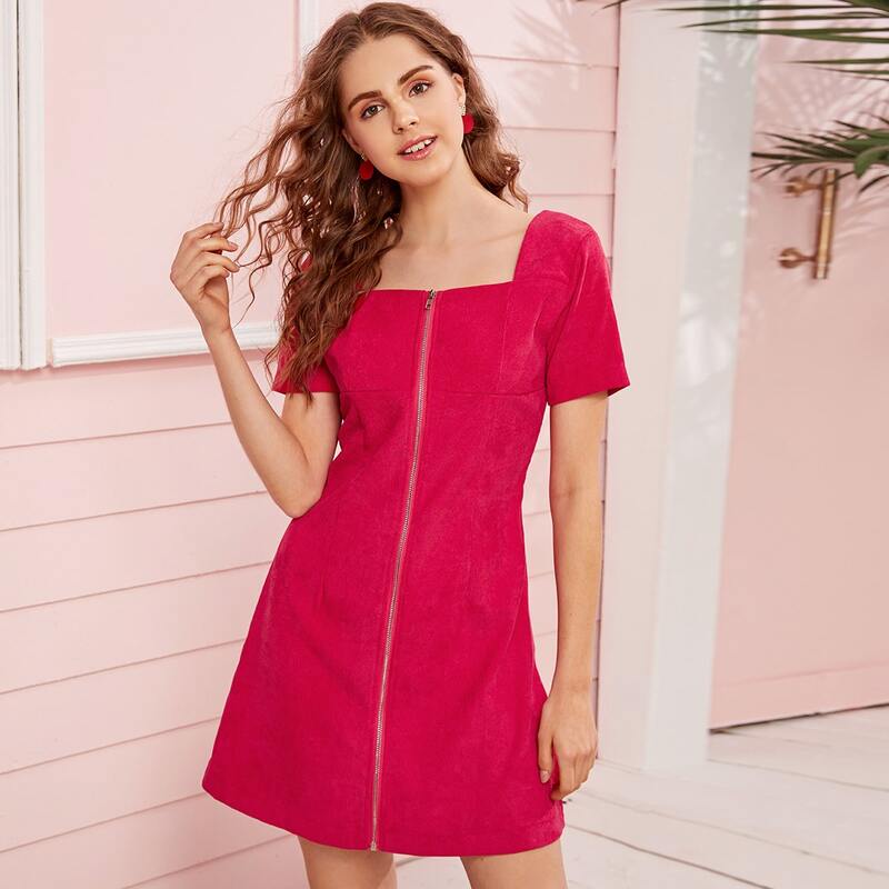 

Zip Through Corduroy Fitted Dress, Red