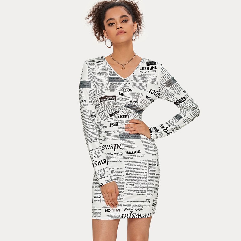 

Newspaper Print Ruched Front V-Neck Dress Without Bag, Black and white