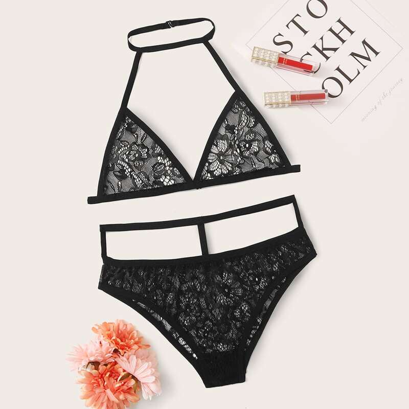 

Floral Lace Halter Lingerie Set, Black