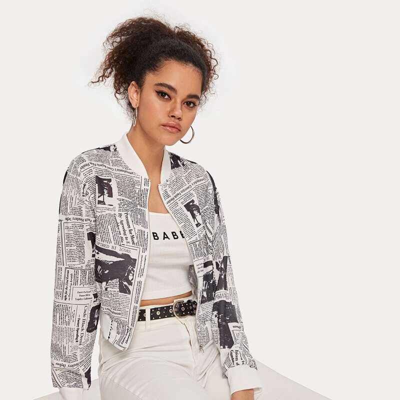 

Newspaper Print Zip Up Bomber Jacket, Black and white