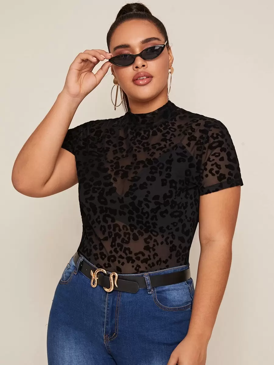 SHEIN 大碼豹紋植絨網紗透明上衣不帶胸罩 - 黑色 - 查看 1