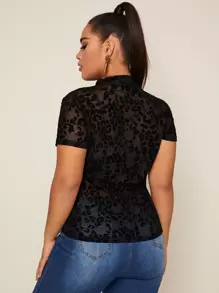 SHEIN 大碼豹紋植絨網紗透明上衣不帶胸罩 - 黑色 - 查看 2