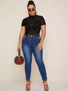 SHEIN 大碼豹紋植絨網紗透明上衣不帶胸罩 - 黑色 - 查看 3